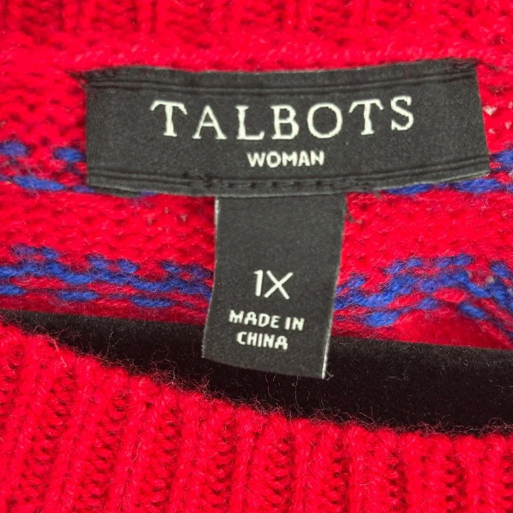 Talbots Lambswool Blend Red Blue Fair Isle Crew Neck Sweater Women's Size 1X NWT